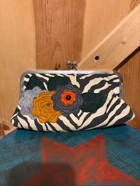 R.A.C artisan accessories Zebra Print Floral Applique Clutch -